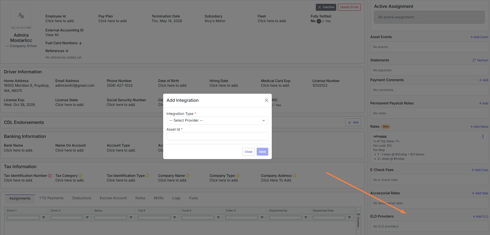 Image shows the driver profile with the ELD Providers section