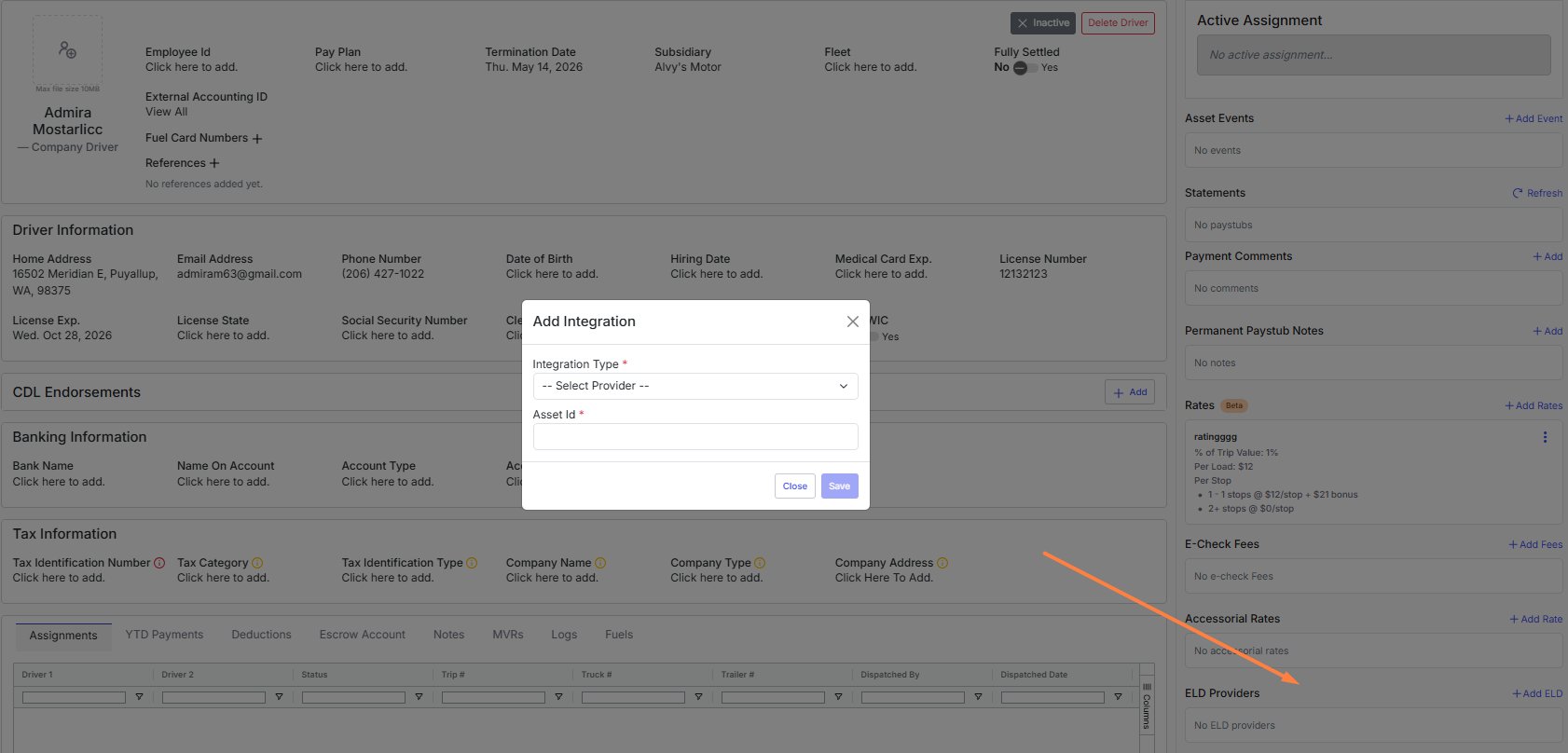 Image shows the driver profile with the ELD Providers section