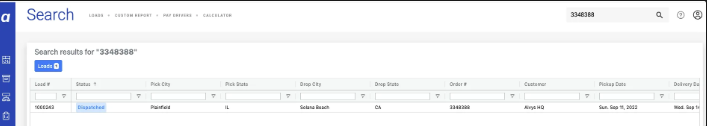 Search bar for locating a load by number or customer name