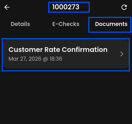 Mobile app customer rate confirmation document view.