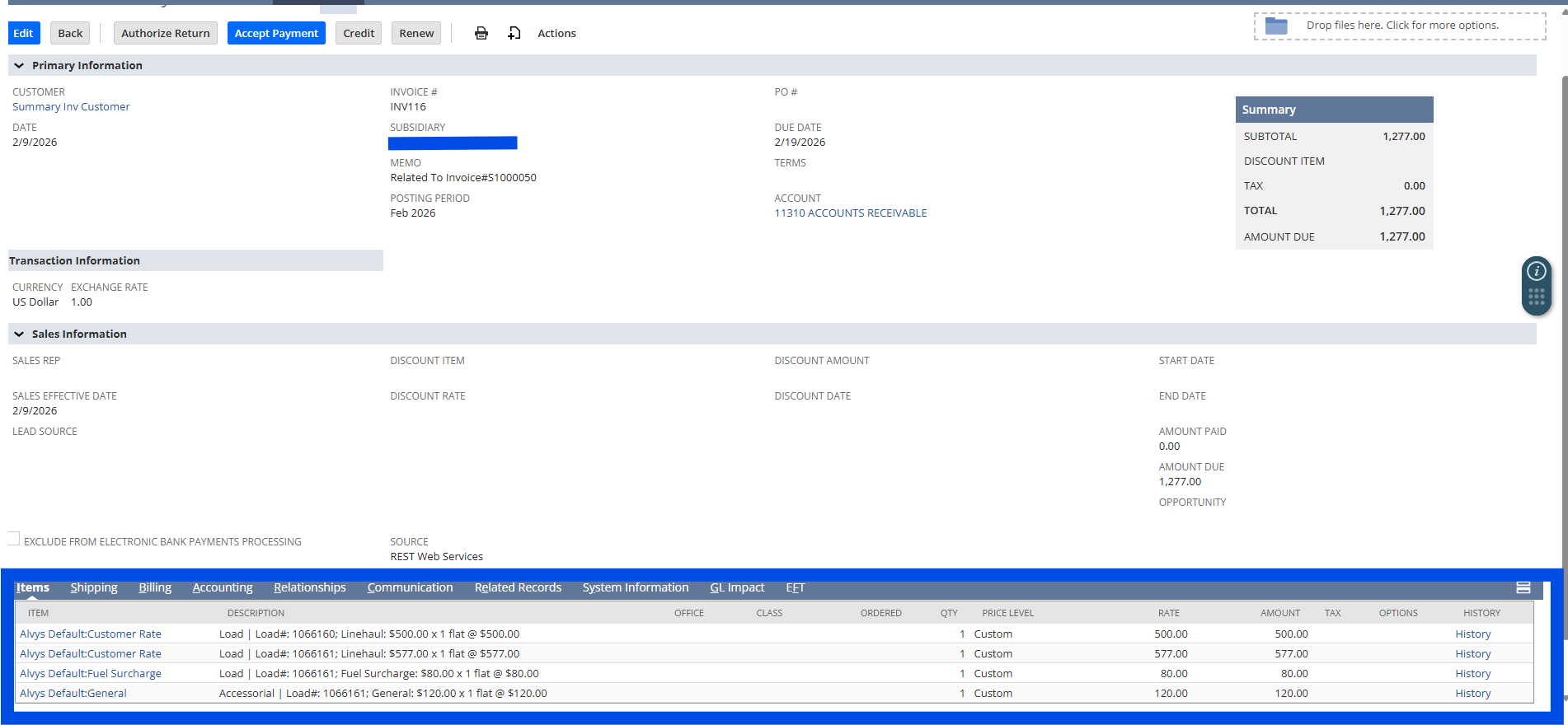 Image showing updated exported invoice in NetSuite