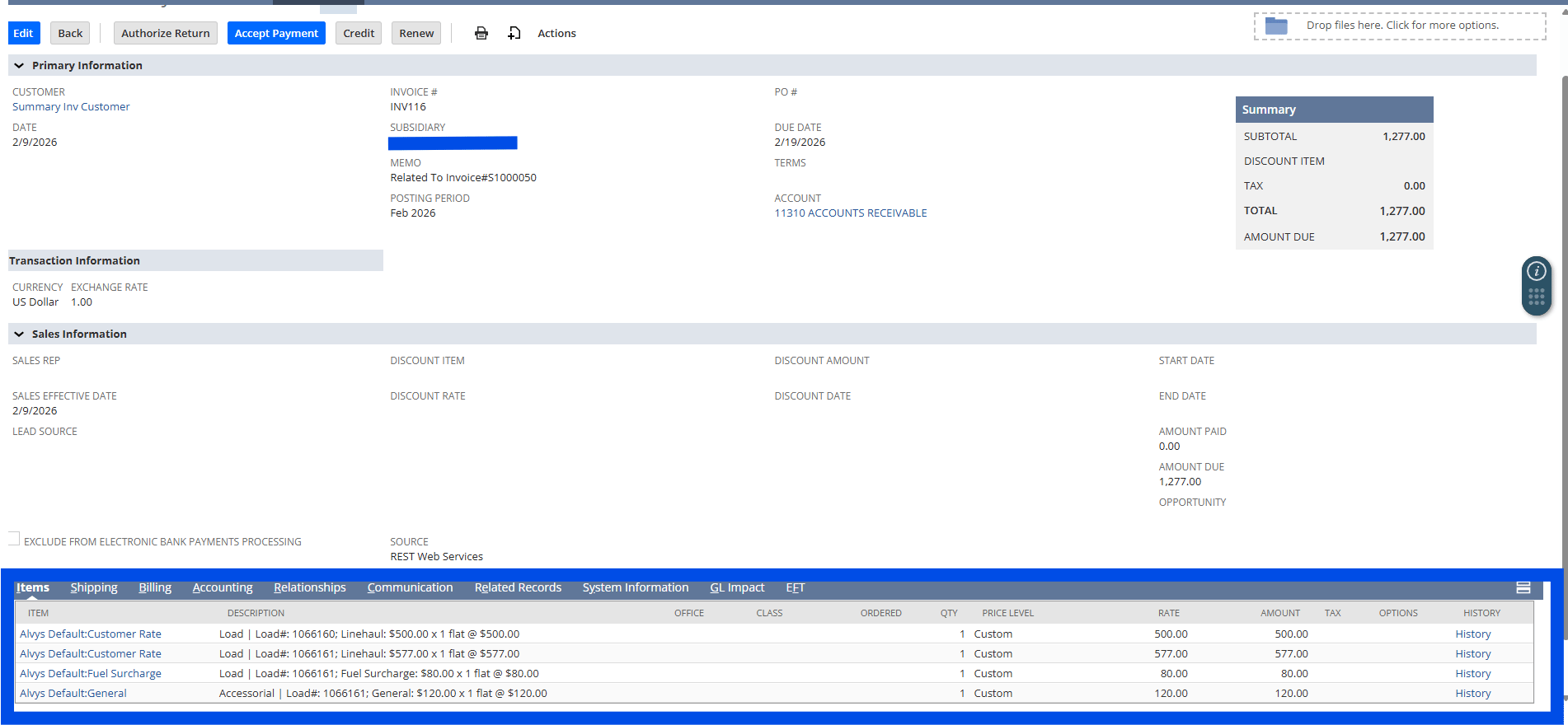 Image showing updated exported invoice in NetSuite