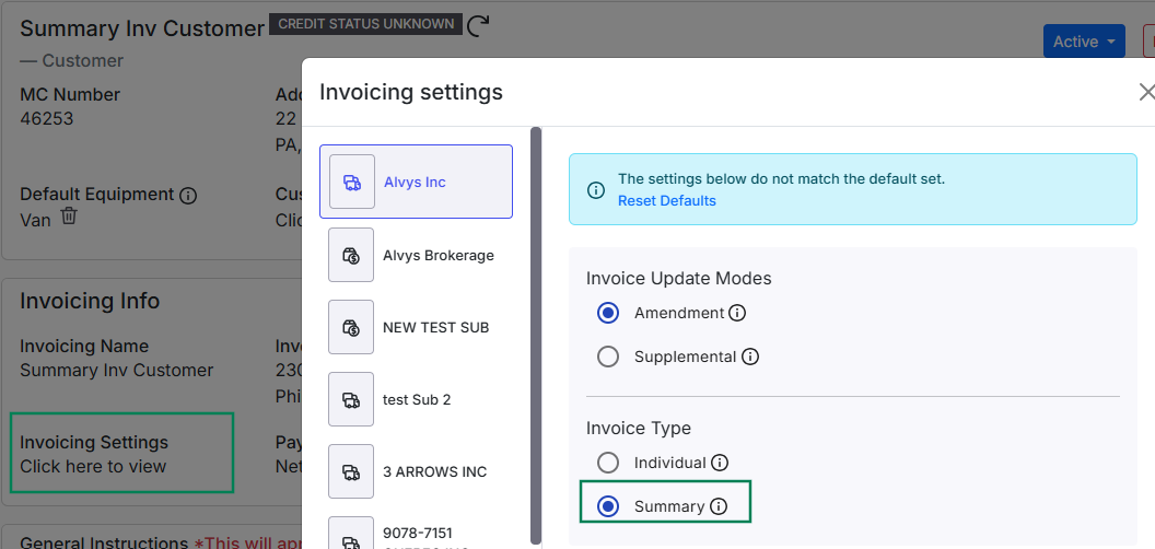 Displays the customer profile overlayed by the Invoicing settings modal, with green boxes highlighting the entry link and the active Summary invoice type radio button.