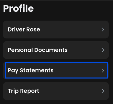 Mobile app Pay Statements section in driver profile.