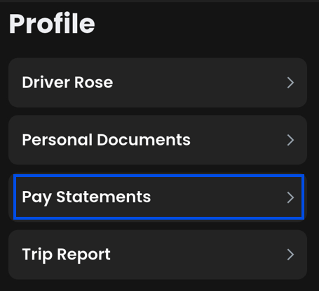 Mobile app Pay Statements section in driver profile.