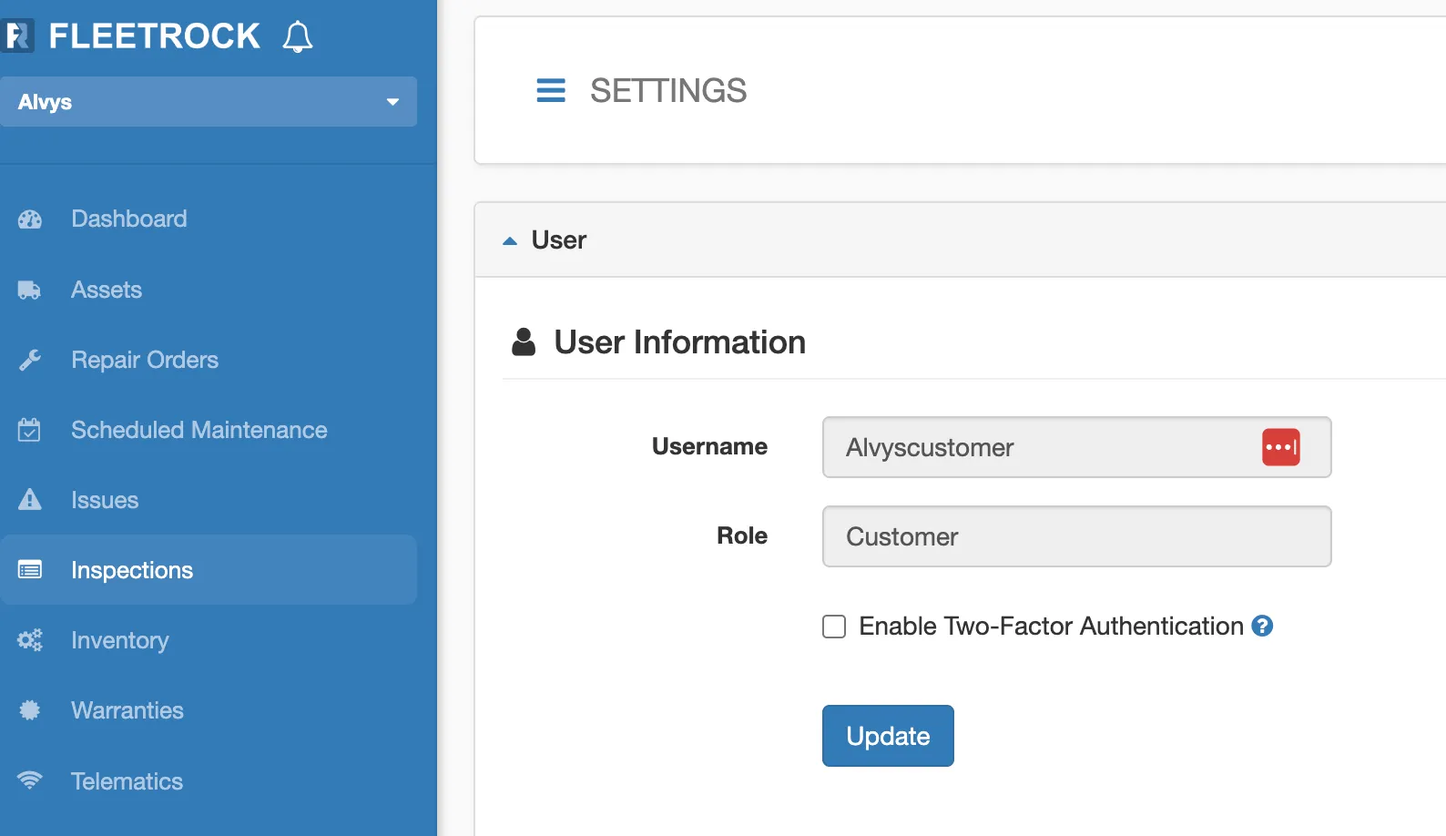 Image showing Fleetrock Settings page with User details