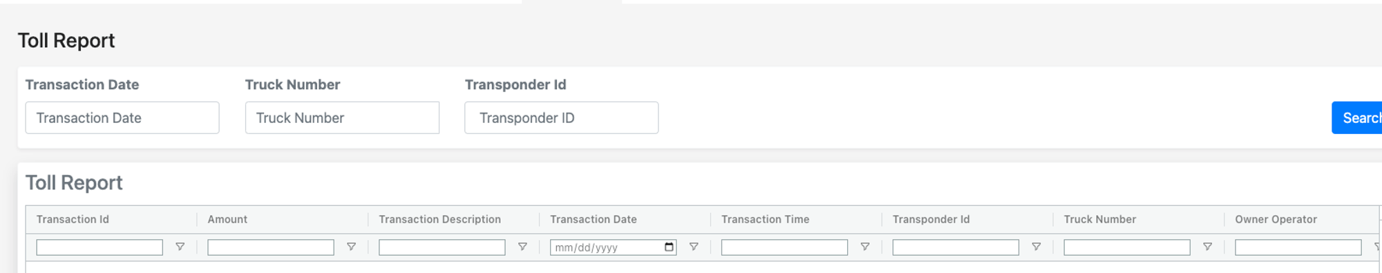 The Alvys Toll Report page with search criteria entered and toll transactions displayed in the results