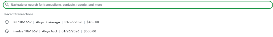 Displays the QBO transaction interface with a green border highlighting recent ledger records for a bill and an invoice linked to load 1061669.
