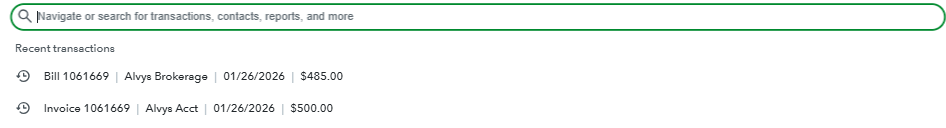 Displays the QBO transaction interface with a green border highlighting recent ledger records for a bill and an invoice linked to load 1061669.