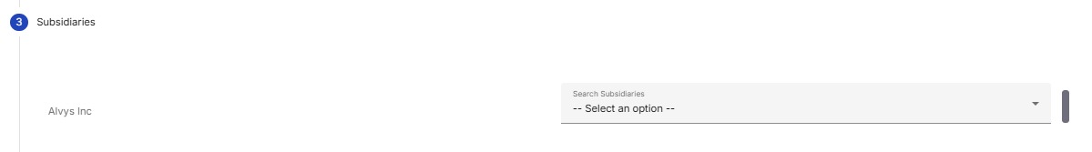 hows Step 3 (Subsidiaries) tracking the configuration line for Alvys Inc alongside a searchable dropdown menu.