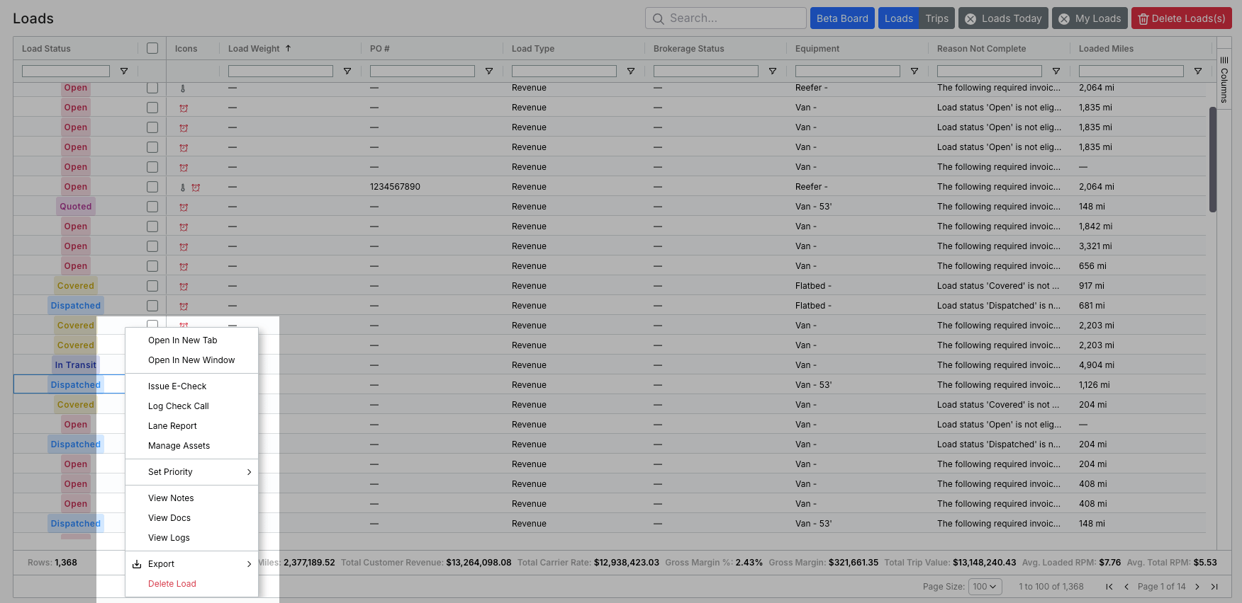 Right-click context menu on a Load Board row