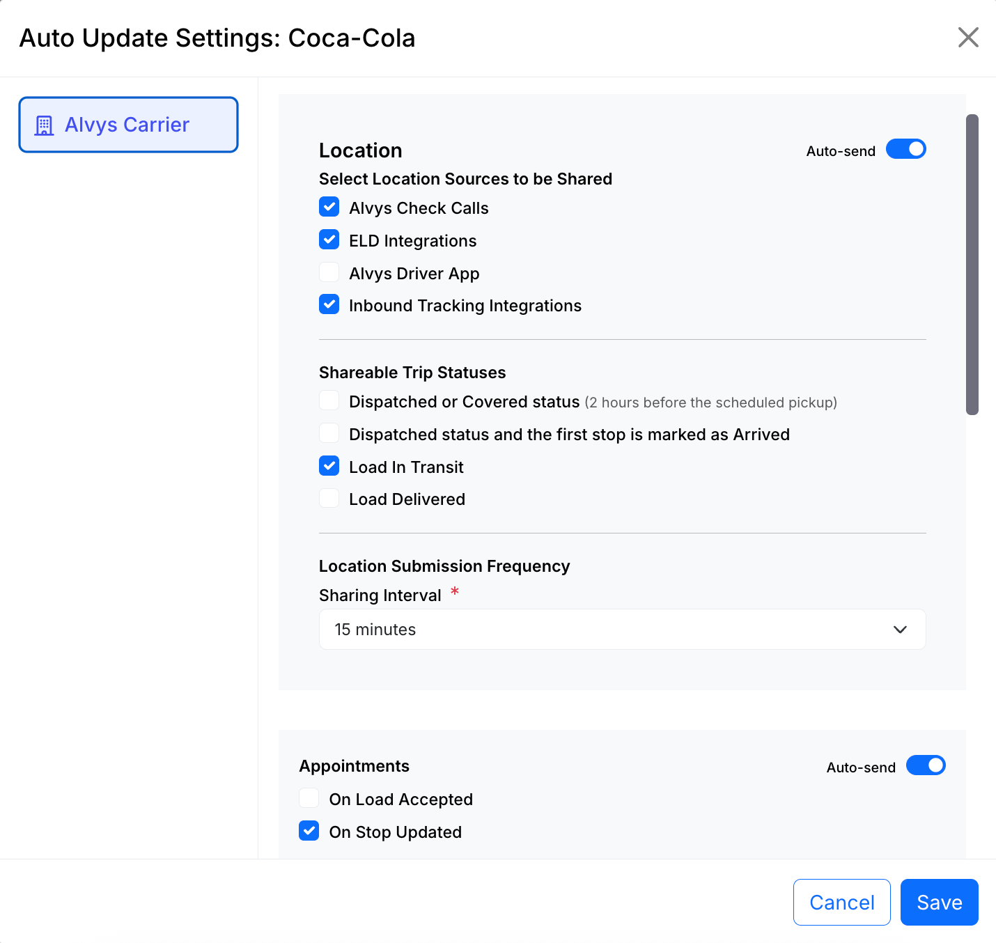 Location Updates Auto Send toggle and sub-options.