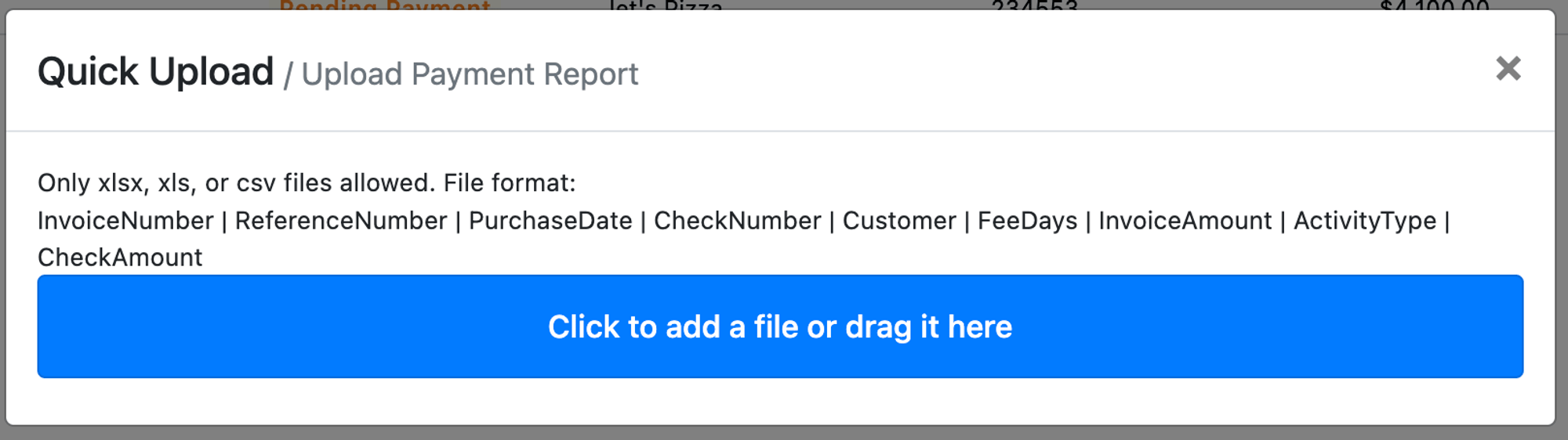 File drag-and-drop upload area on the Upload Report dialog