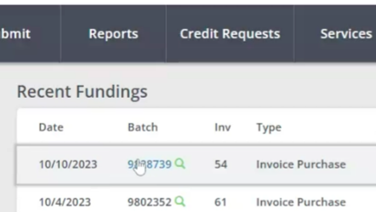 Recent Fundings card in the Triumph Factoring portal with a selectable report