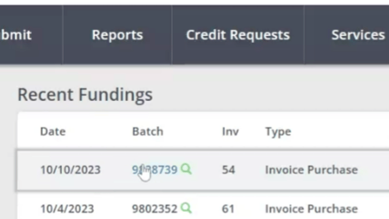 Recent Fundings card in the Triumph Factoring portal with a selectable report