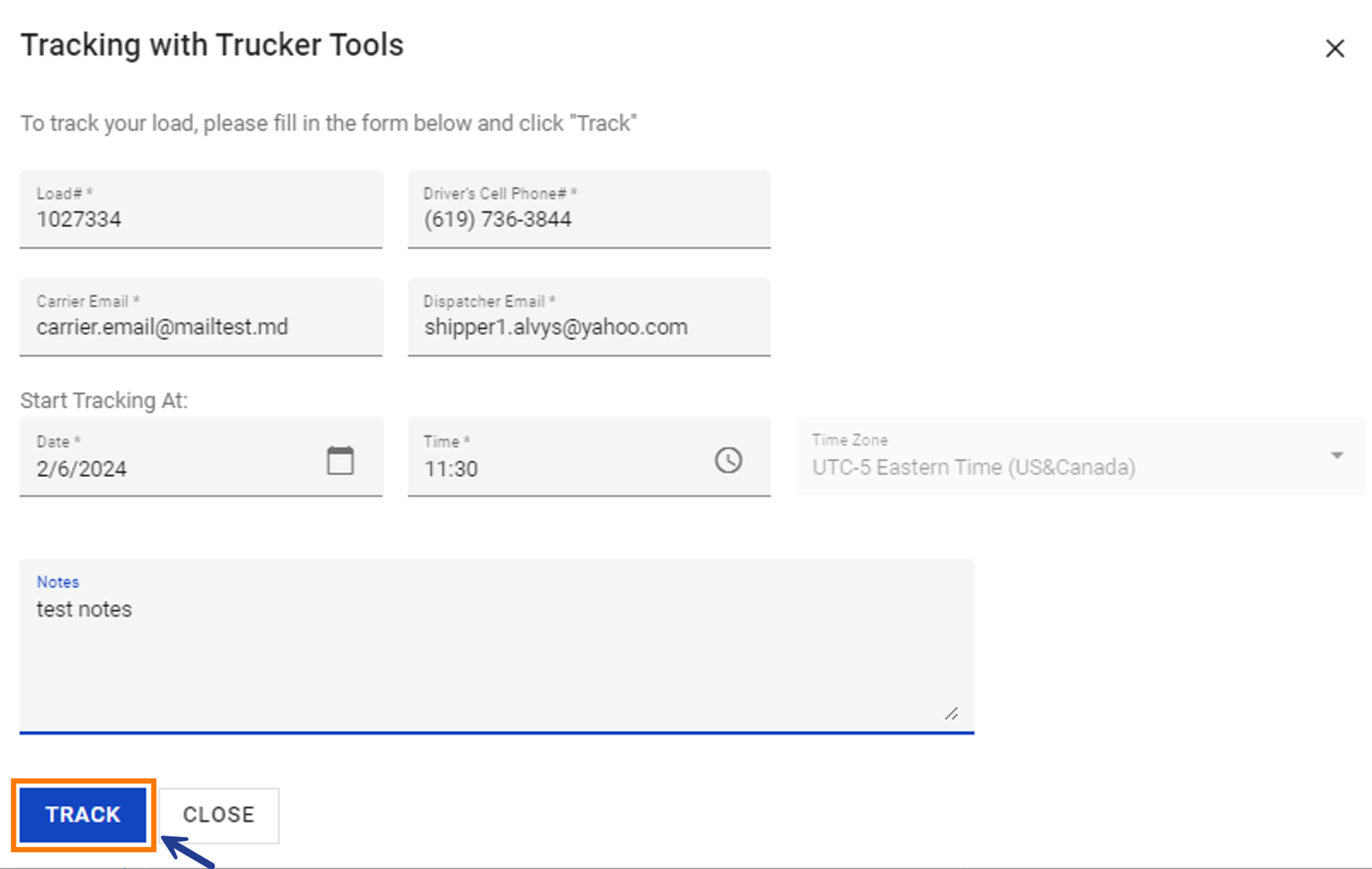 Tracking settings panel with pre-filled options