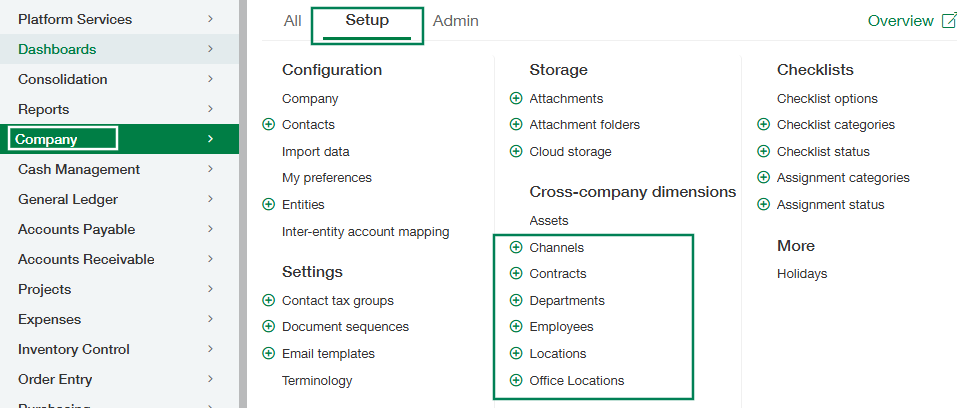 Sage Intacct navigation to the dimension module (Company > Setup or Reports > Setup > Dimensions)