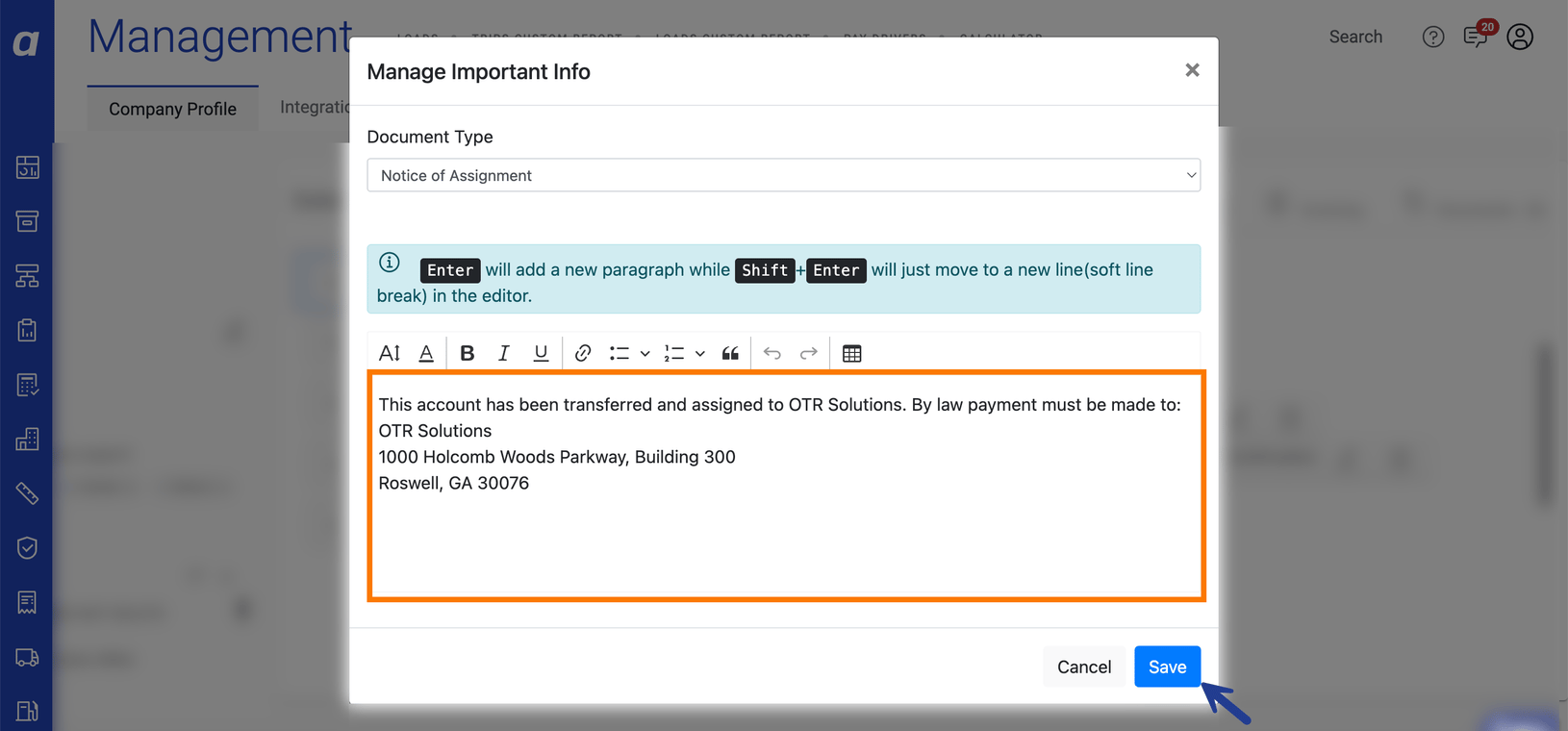 Notice of Assignment text pasted into the Manage Important Info field