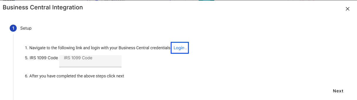 Displays the 'Business Central Integration' setup step with a blue box highlighting the clickable Login link.