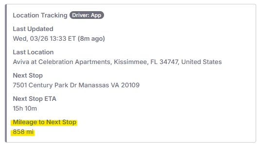 Location Tracking section on the Load Details page showing the Mileage to Next Stop field.
