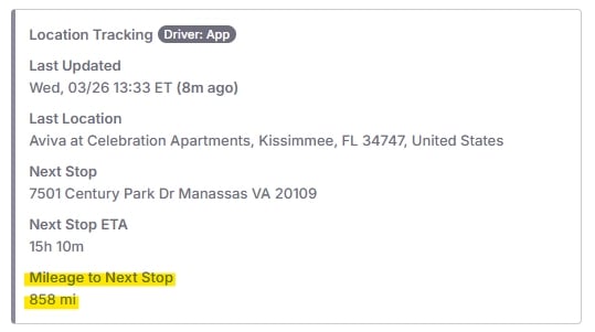 Location Tracking section on the Load Details page showing the Mileage to Next Stop field.
