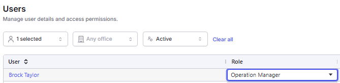 Screenshot of the Dispatcher role in Company Profile > Users.