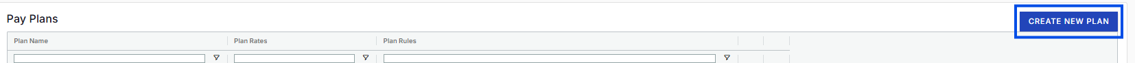 Pay Plans list showing a pay plan row with plan name, plan rates, and action buttons