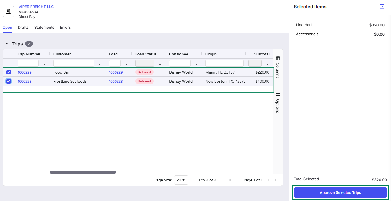 Shows a carrier's trip settlement workspace with a green outline framing two selected trips and the corresponding Approve Selected Trips action button.