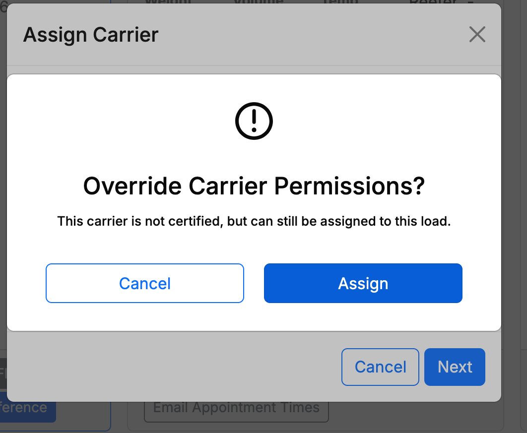 Assign-carrier dialog showing the override option