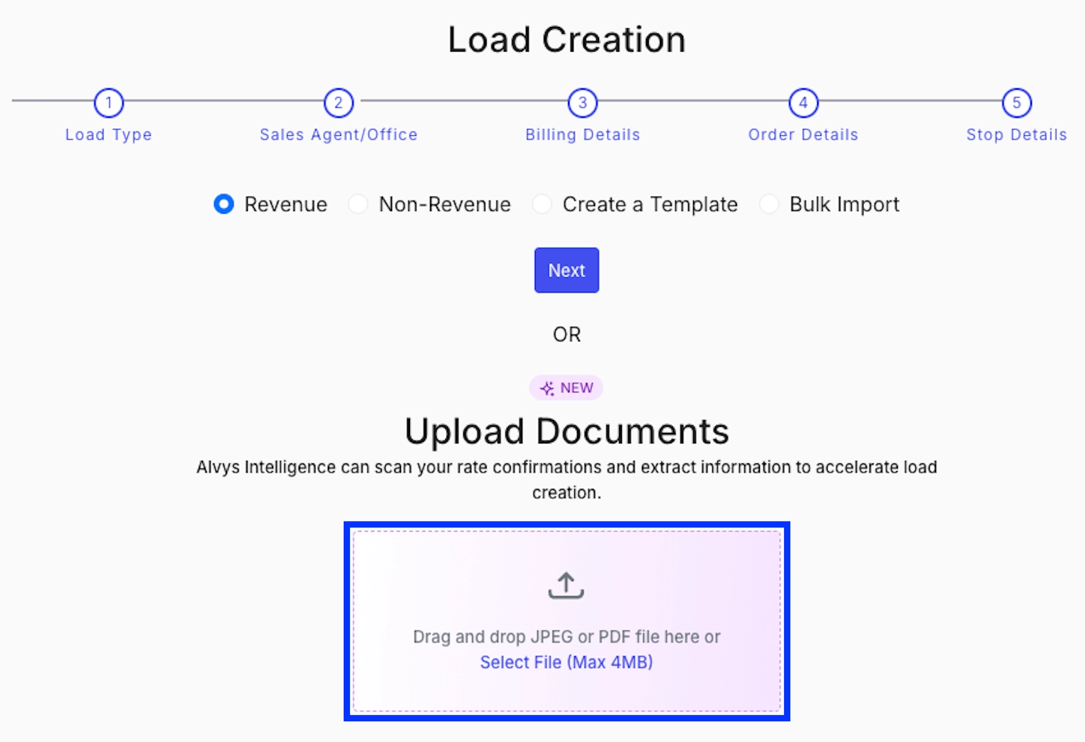 Load form showing the upload panel with drag-and-drop area.