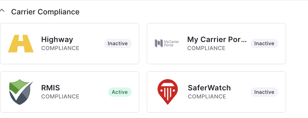 Alvys Integrations page showing the Compliance section with the RMIS integration box