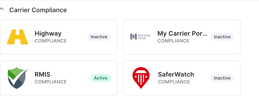 Alvys Integrations page showing the Compliance section with the RMIS integration box