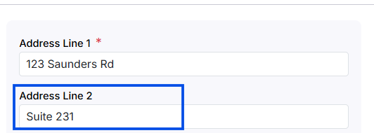 Address Line 2 field with an example value entered (dock or suite number).