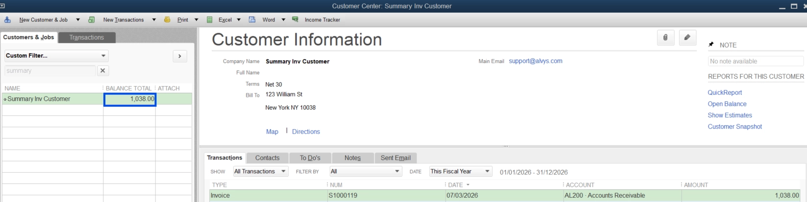 Screenshot showing a summary invoice in the QuickBooks Customer Center.