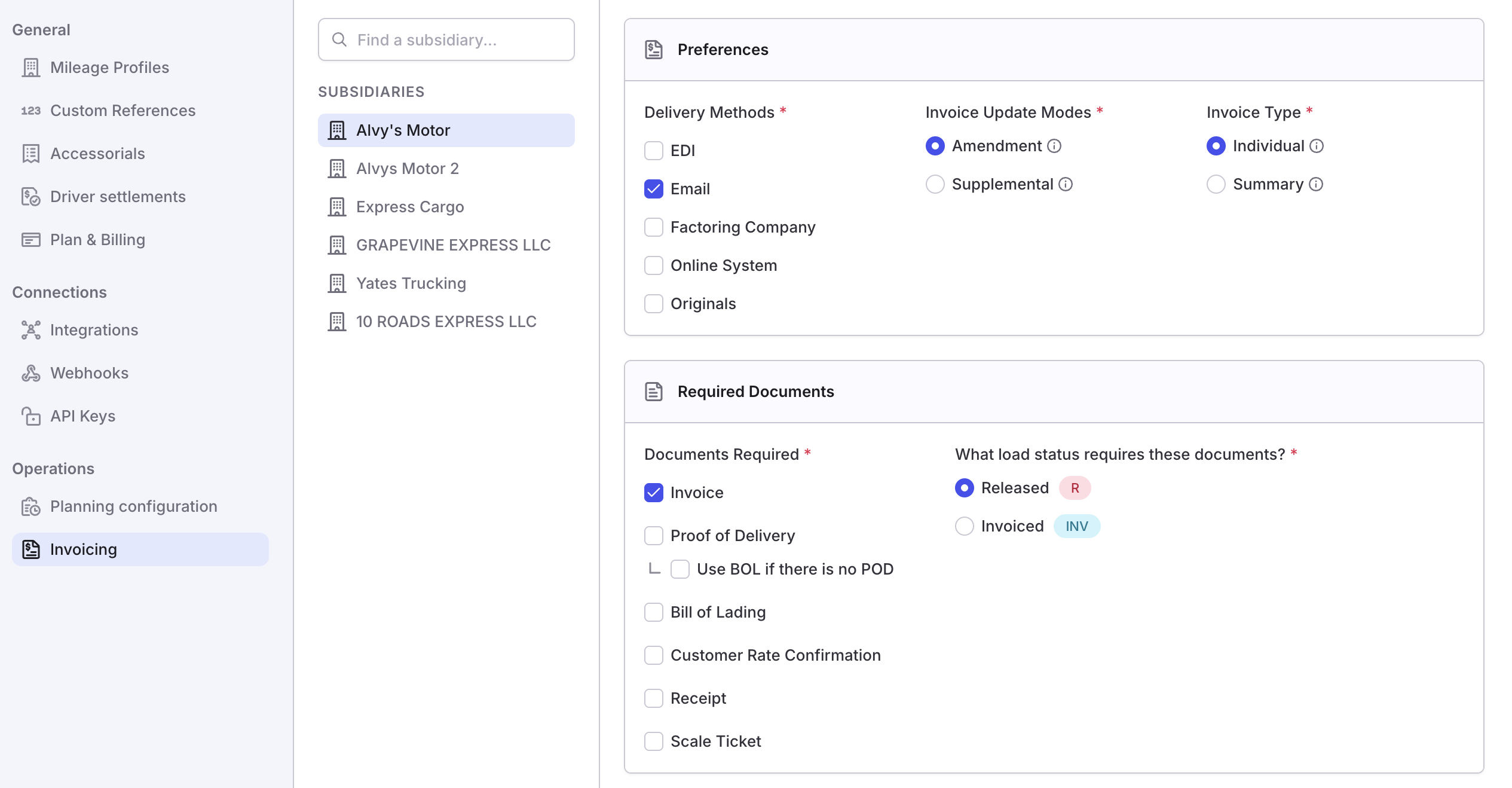 Image of the Invoicing Settings section in Company Profile showing the five configuration areas