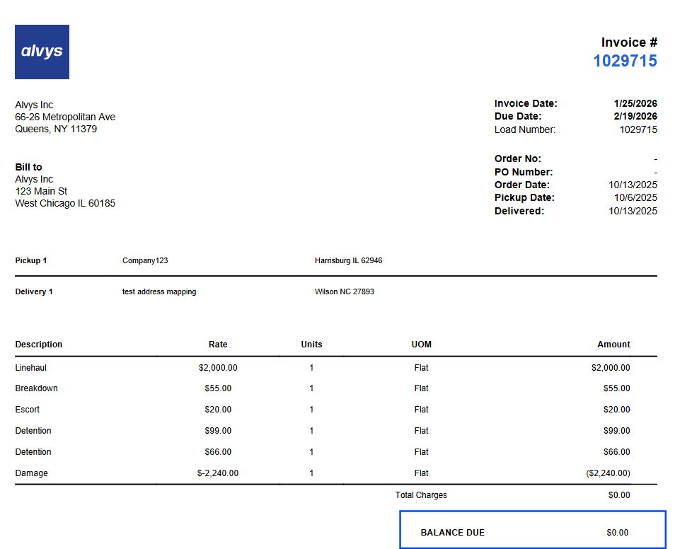 Image showing sample Alvys Invoice with total billable of $0