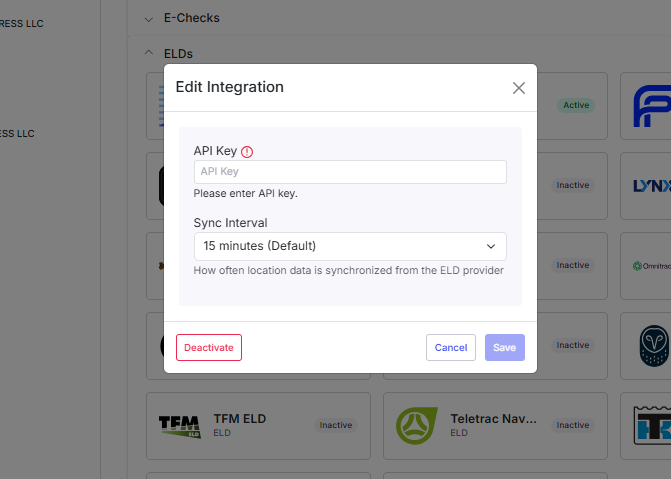 Image shows the ELD Rider integration screen in Management > Integrations page
