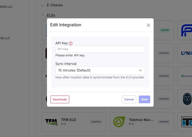 Image shows the ELD Rider integration screen in Management > Integrations page