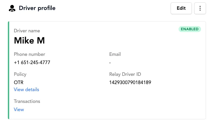 This image shows the Relay portal displaying the 16-digit Relay Driver ID stored on a driver's profile.