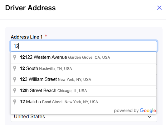 Image displaying Address Line 1 field with Google autocomplete dropdown appearing as the user types