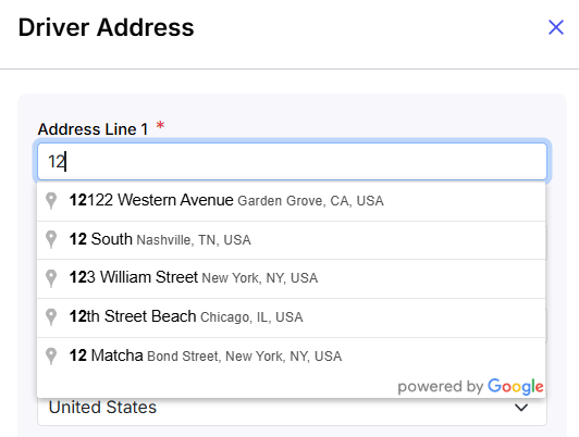 Image displaying Address Line 1 field with Google autocomplete dropdown appearing as the user types