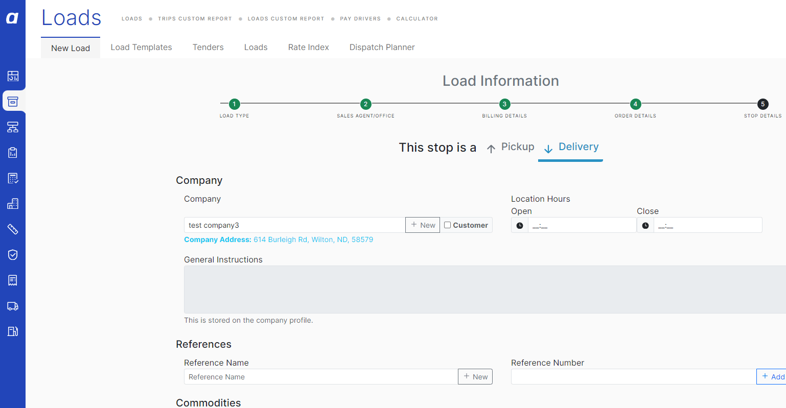 Stops section with an intermediate stop added between pickup and delivery