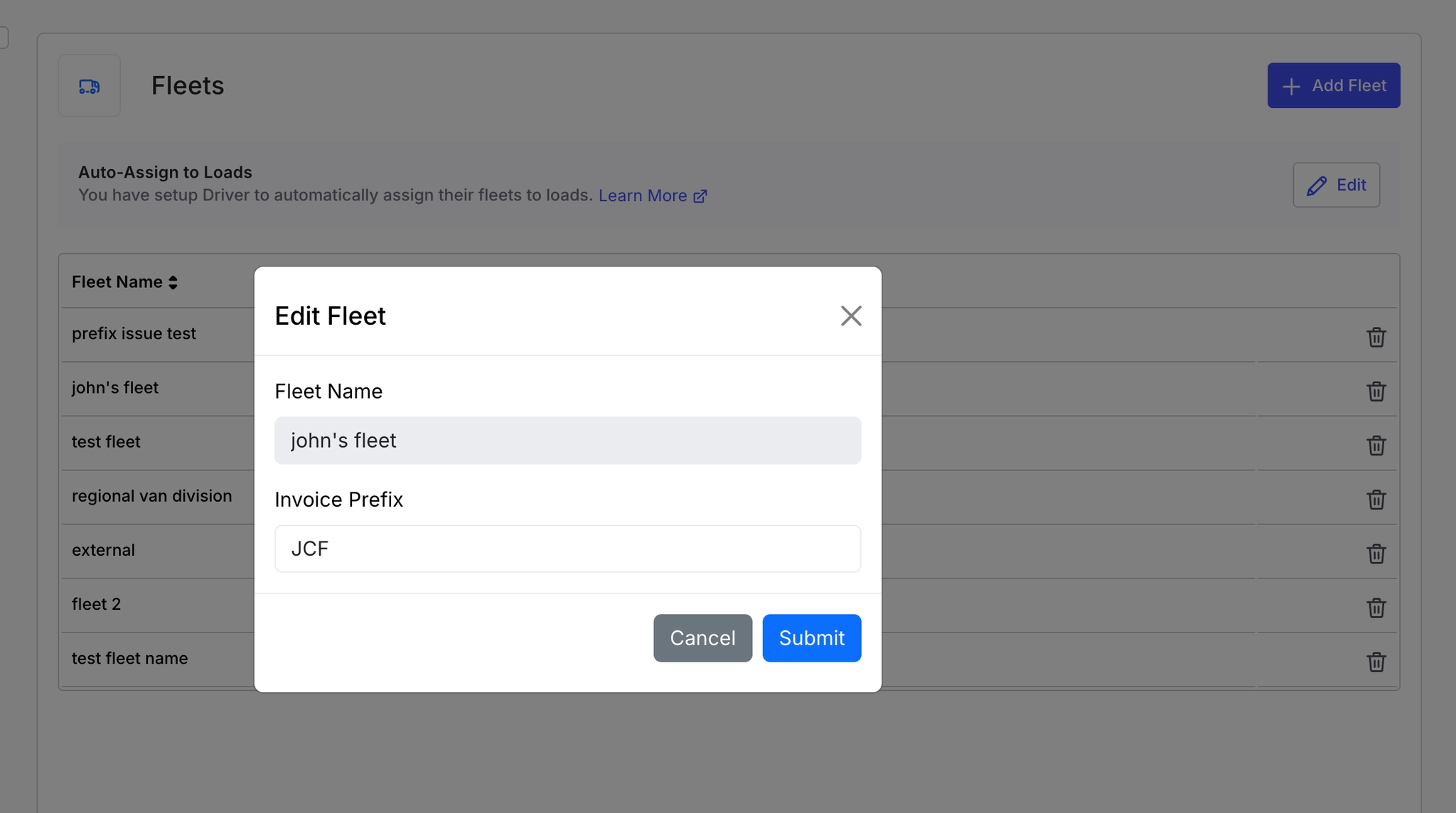 Image displaying “Edit Fleet” form with editable “Invoice Prefix” input field.