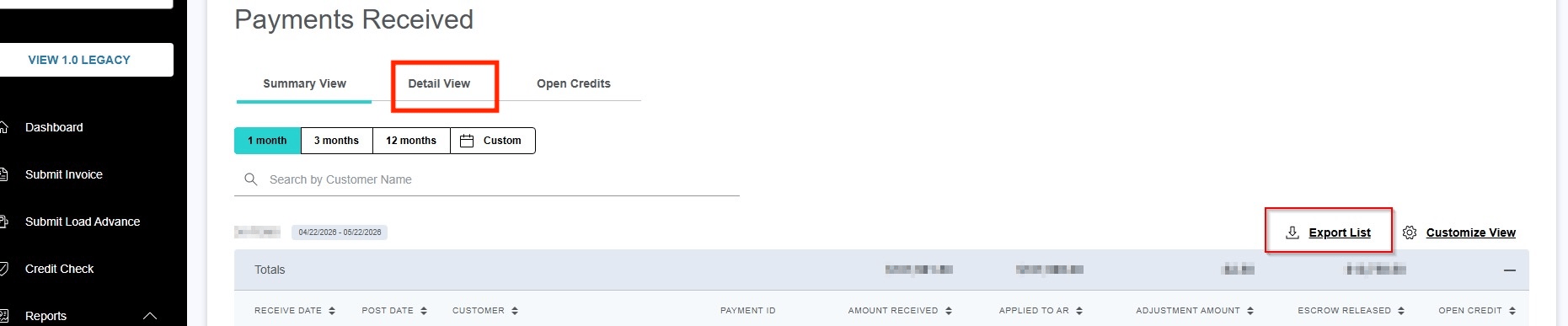 Exporting the Payments Received report to Excel