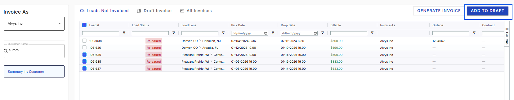 Features the Summary invoicing, Load Not Invoiced tab with a blue box highlighting the Add to Draft option for selected un-invoiced loads.