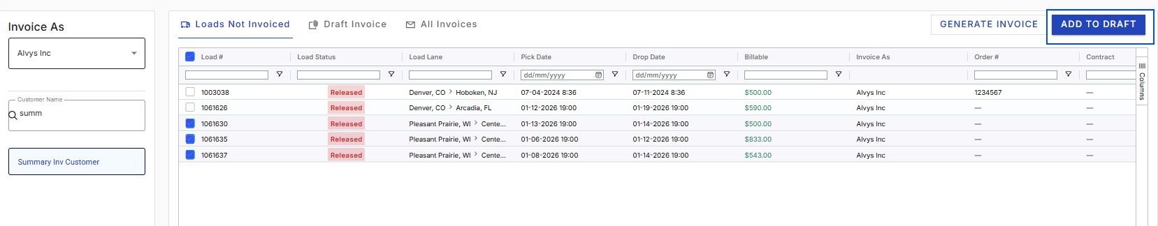 Features the Summary invoicing, Load Not Invoiced tab with a blue box highlighting the Add to Draft option for selected un-invoiced loads.