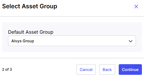 Image showing the Default Asset Group dropdown during the Alvys Fleetrock integration configuration.