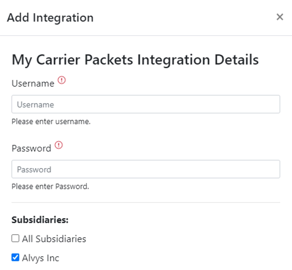 Alvys dialog box for entering MyCarrierPackets credentials with Save button.