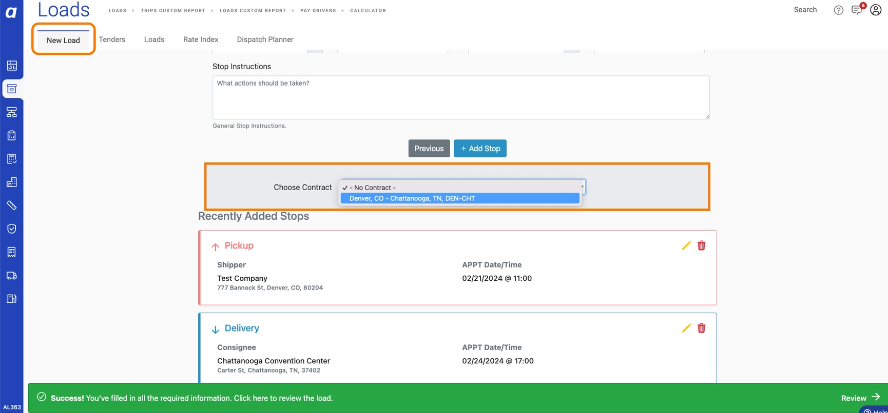 New Load form showing the contracted rate match prompt.