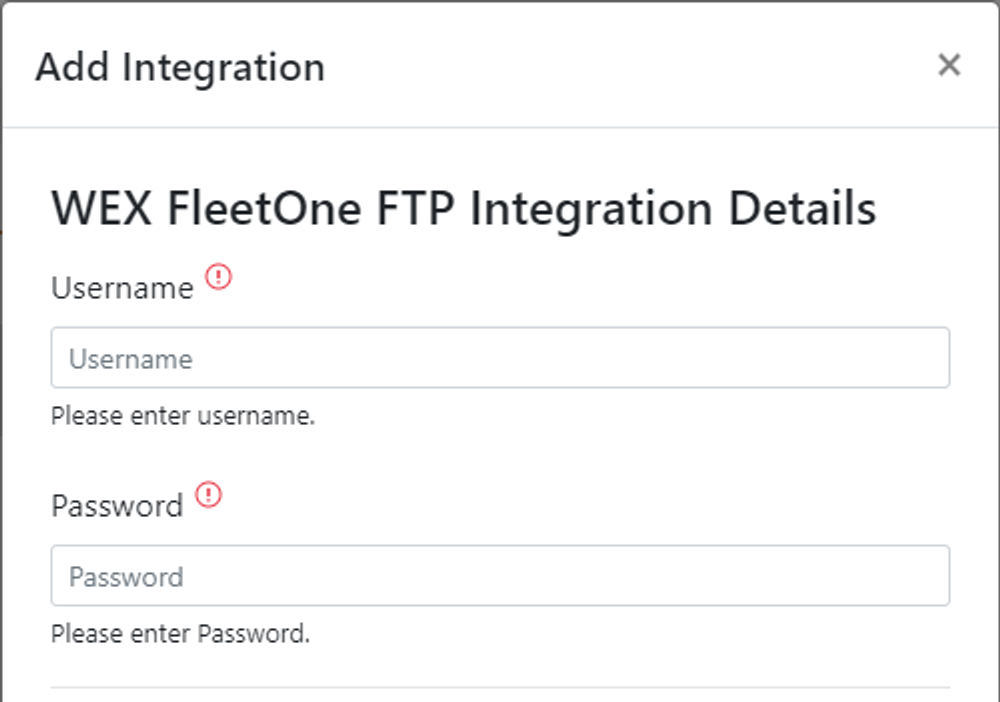 Screenshot showing the Wex FleetOne FTP credential entry form in Alvys Integrations